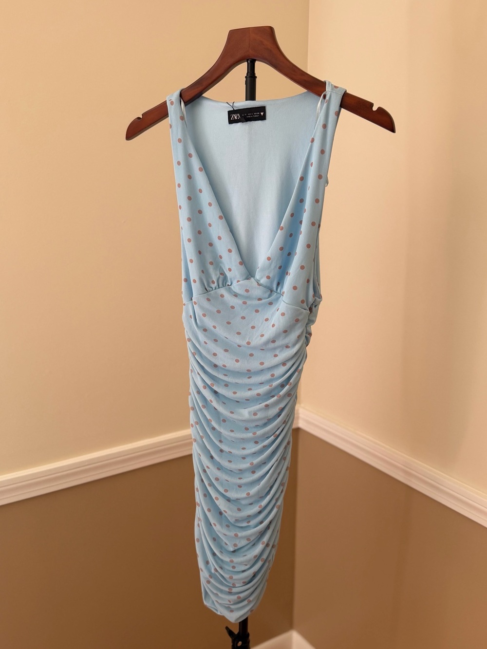 Zara Pale Blue Polka Dot Ruched V-Neck Midi Dress